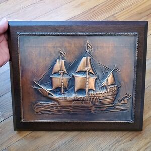 Sailboat wall hanging decor copper colored raised on‎ wooden plaque signed